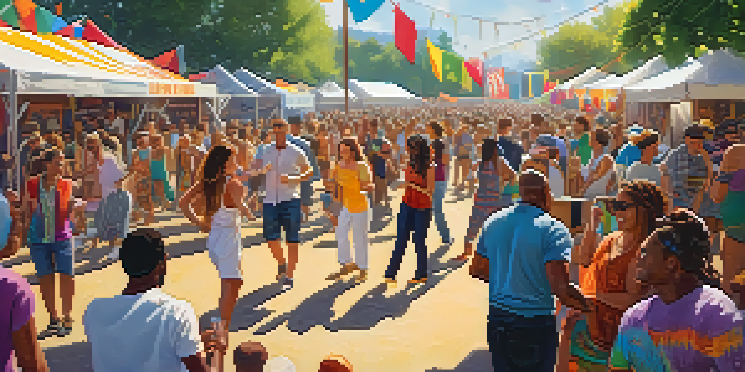 A vibrant outdoor music festival with people dancing, colorful banners, and food trucks in the background.