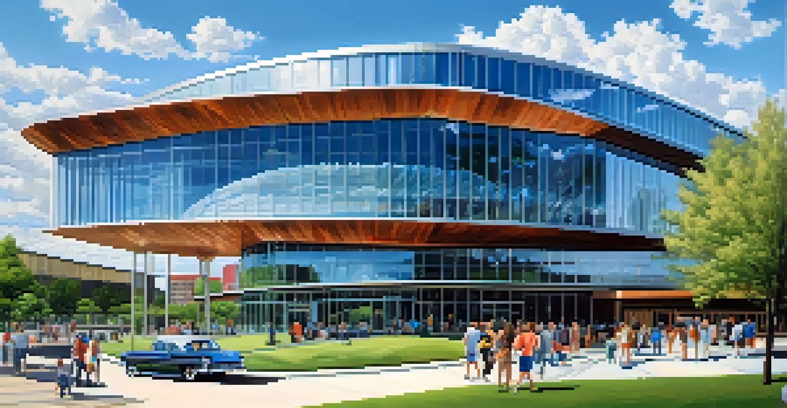 An outdoor view of the Country Music Hall of Fame in Nashville, featuring modern architecture against a bright blue sky, with visitors entering the building.