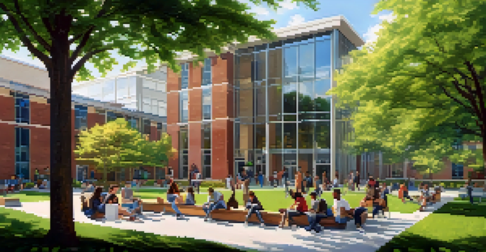 A lively Nashville community college campus with students of different backgrounds interacting, modern architecture, and greenery.