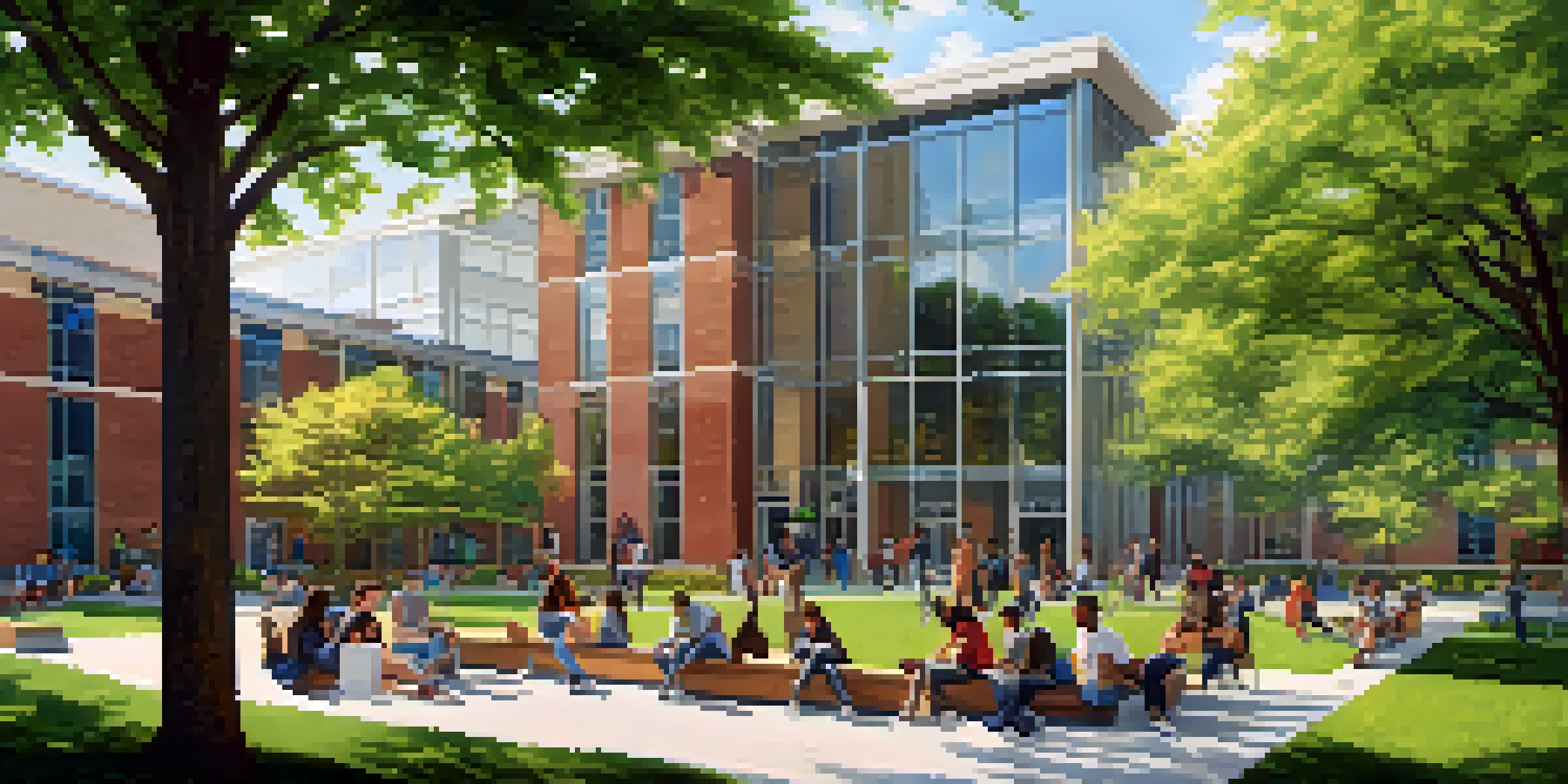 A lively Nashville community college campus with students of different backgrounds interacting, modern architecture, and greenery.