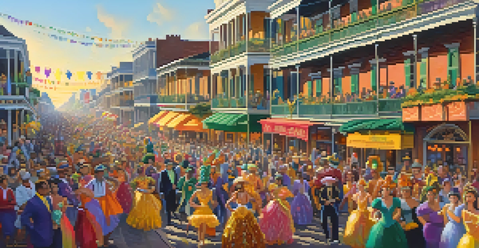 A lively Mardi Gras parade with colorful floats and performers in elaborate costumes surrounded by a joyful crowd in New Orleans.