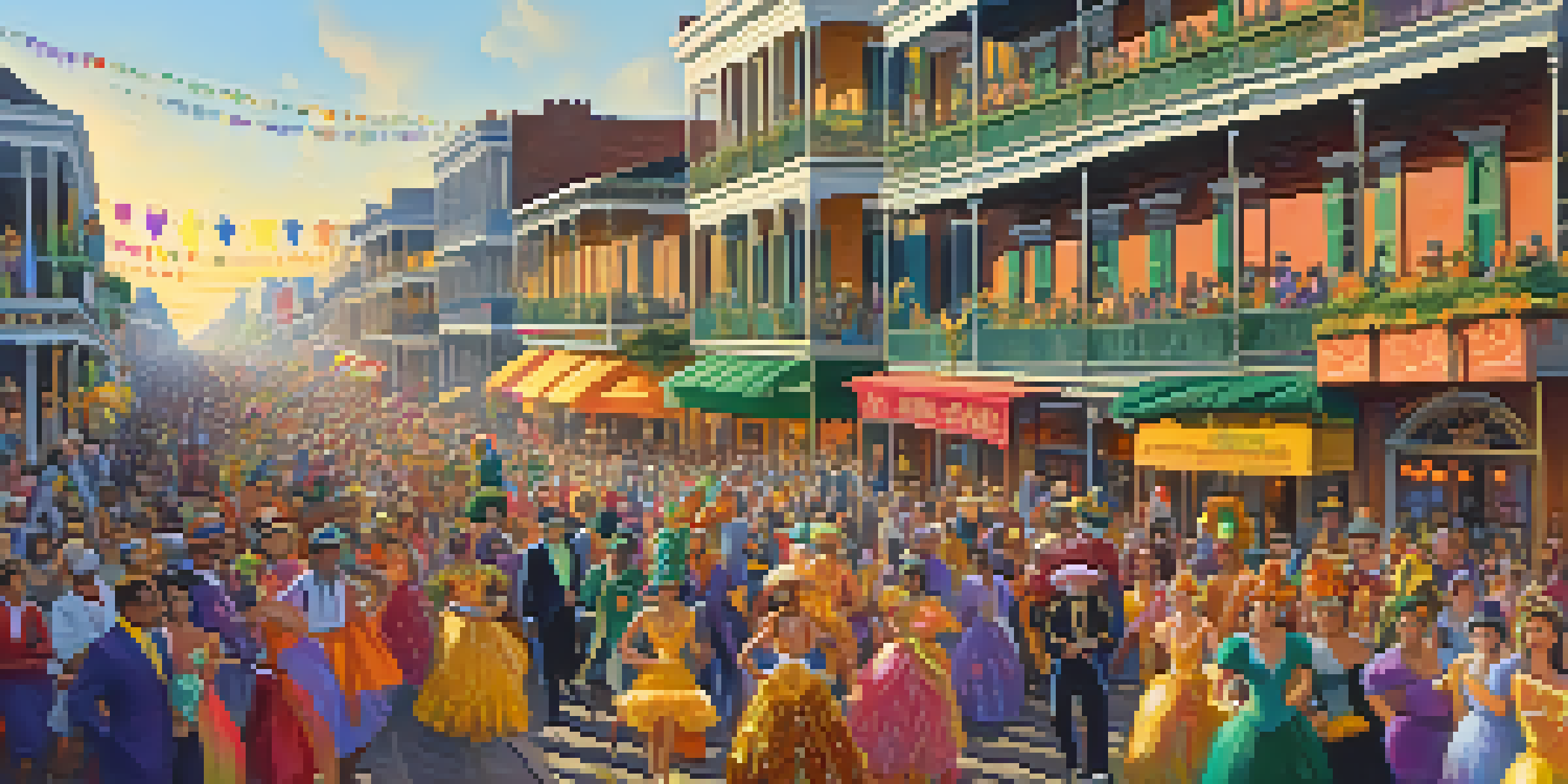 A lively Mardi Gras parade with colorful floats and performers in elaborate costumes surrounded by a joyful crowd in New Orleans.