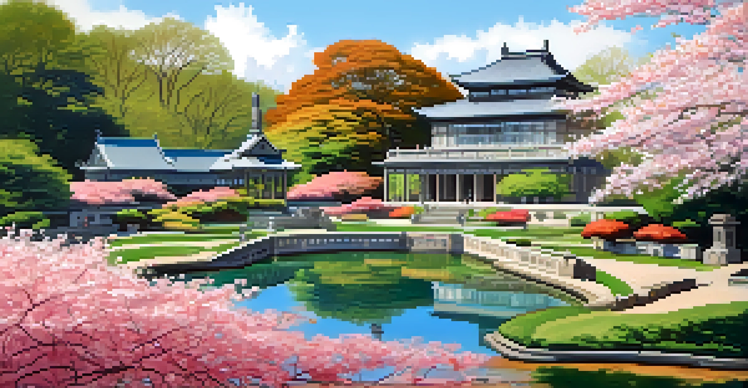 A picturesque Japanese garden with koi fish, cherry blossom trees, and a historic mansion in the background on a sunny day.