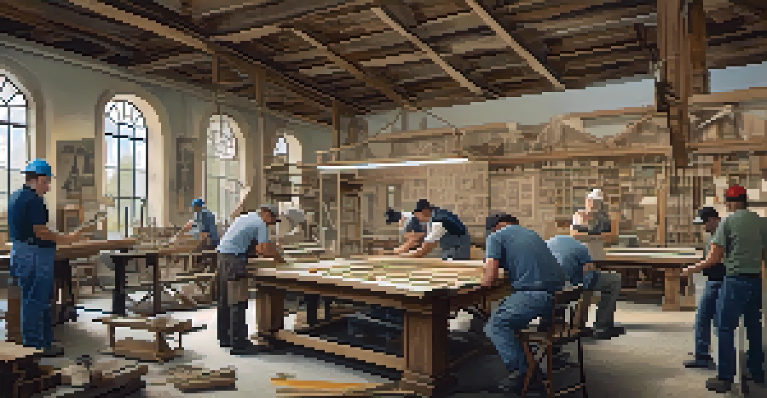 A community workshop with residents restoring a historic building, showcasing teamwork and heritage.