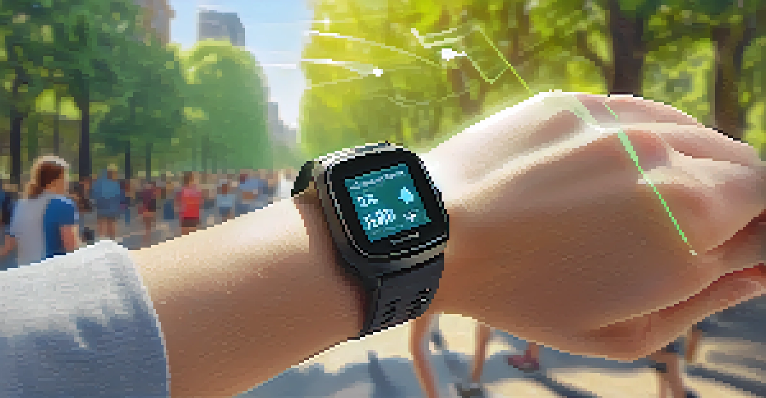 A smartwatch showcasing health metrics on a sunny day in an urban park, with people jogging in the background.