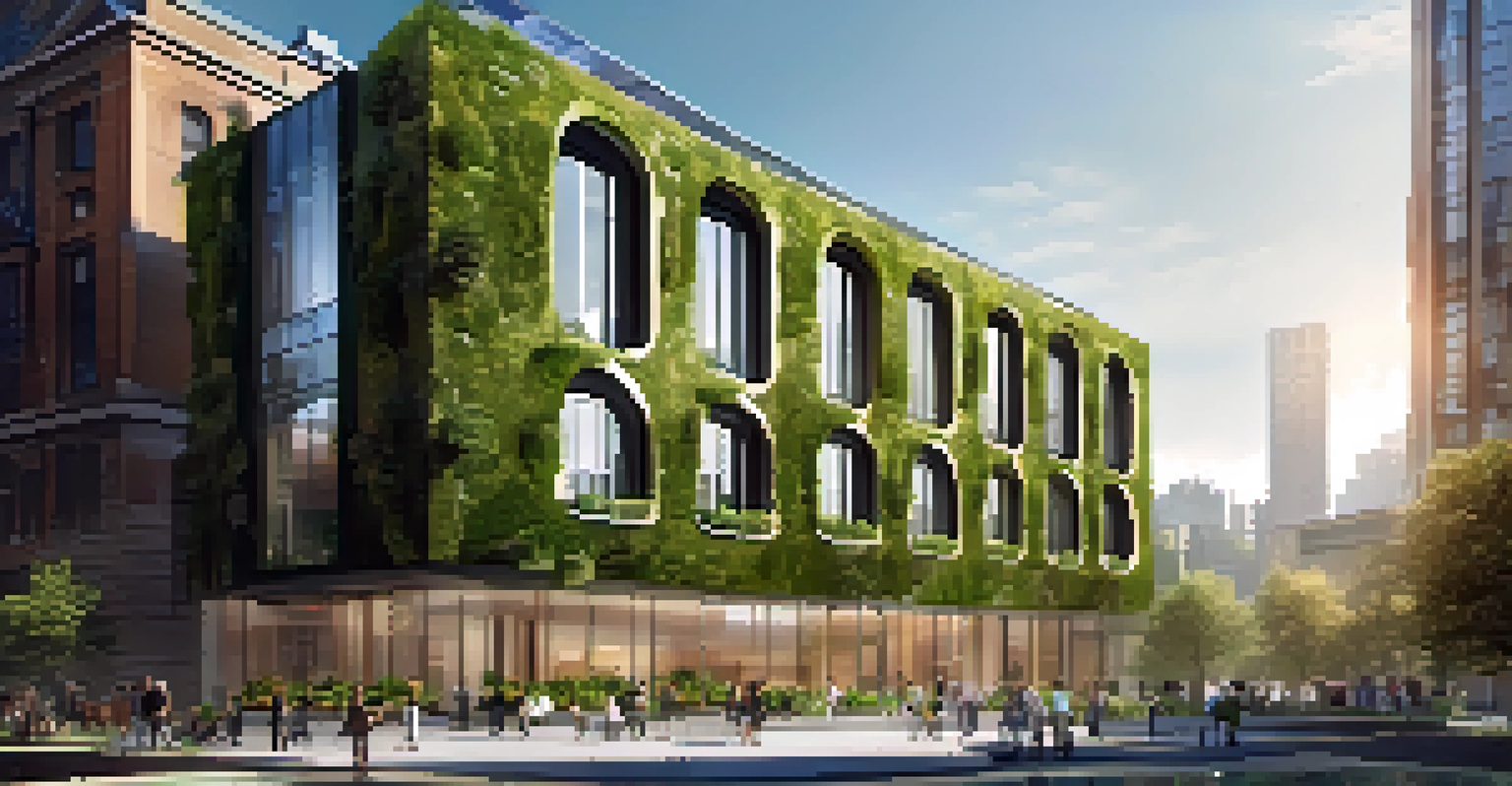 A photo of a modern green building with solar panels and large windows in an urban setting.