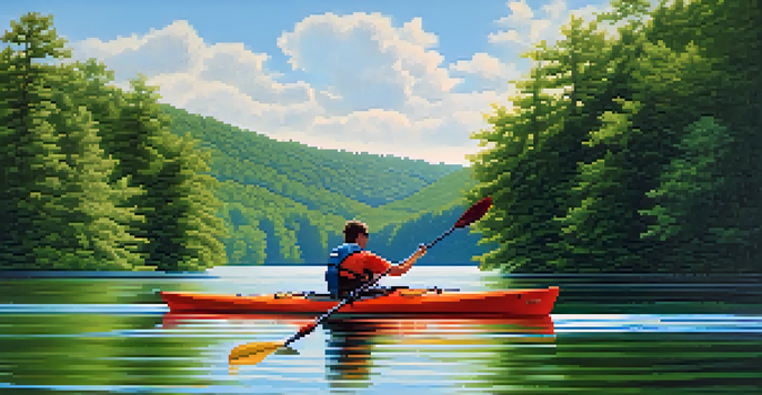 A kayaker paddling peacefully on Percy Priest Lake, surrounded by green trees and a blue sky.