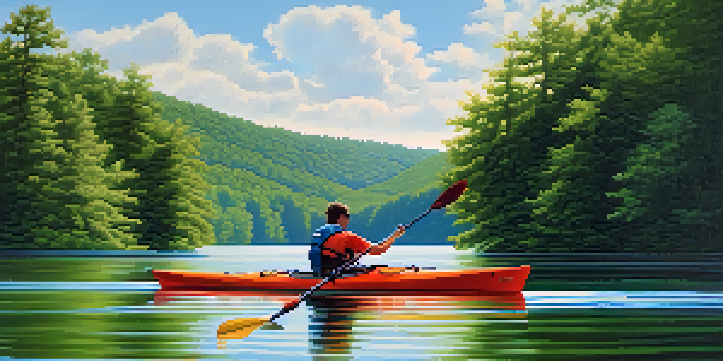 A kayaker paddling peacefully on Percy Priest Lake, surrounded by green trees and a blue sky.