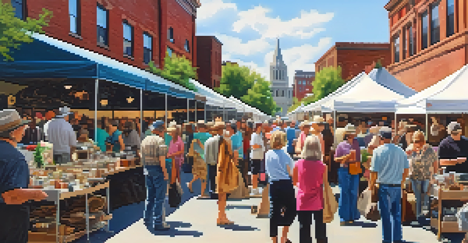 A lively scene at the Nashville Flea Market with vendors displaying antiques and crafts, and shoppers exploring various stalls.