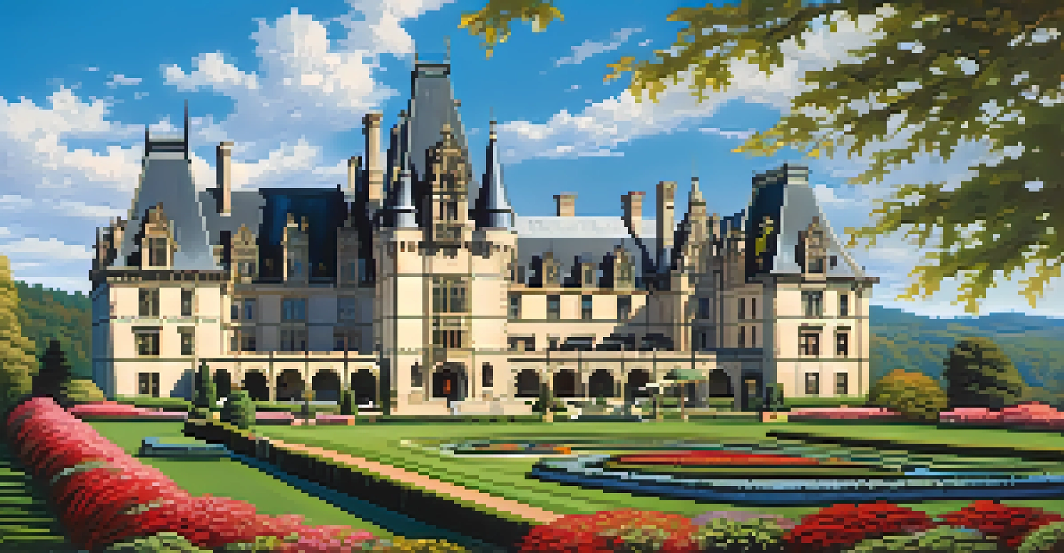The Biltmore Estate with its majestic architecture and beautiful gardens, under a clear blue sky.