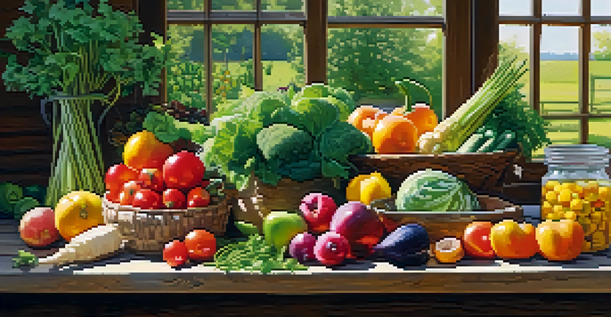 A wooden table in a garden, covered with seasonal vegetables and fruits, surrounded by fresh herbs in pots, with green fields in the background.