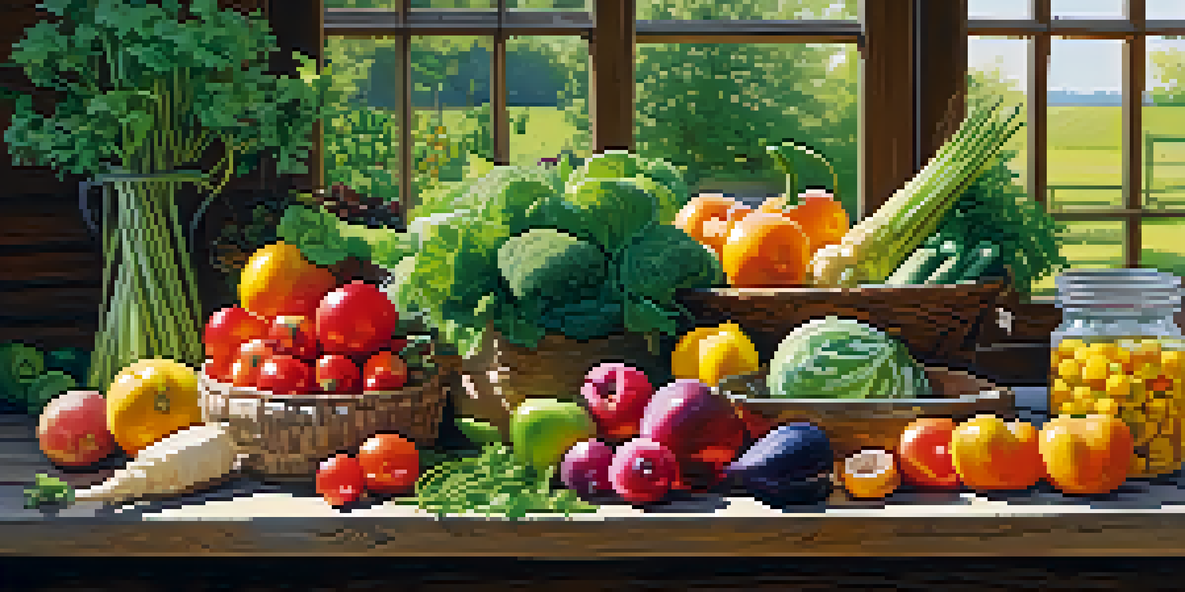 A wooden table in a garden, covered with seasonal vegetables and fruits, surrounded by fresh herbs in pots, with green fields in the background.