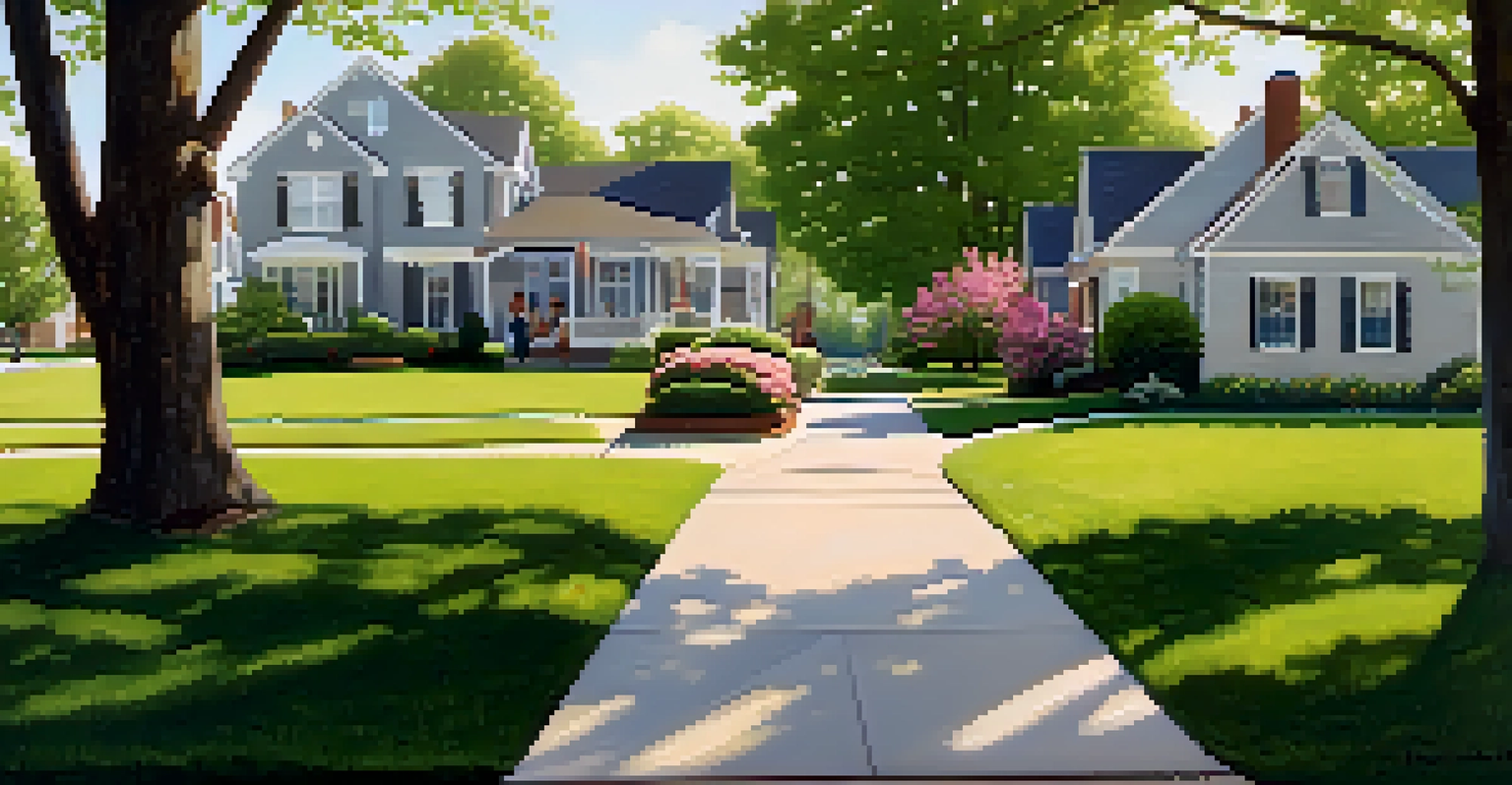 A serene suburban neighborhood in Nashville with charming houses, blooming gardens, and a family walking a dog in the gentle morning light.