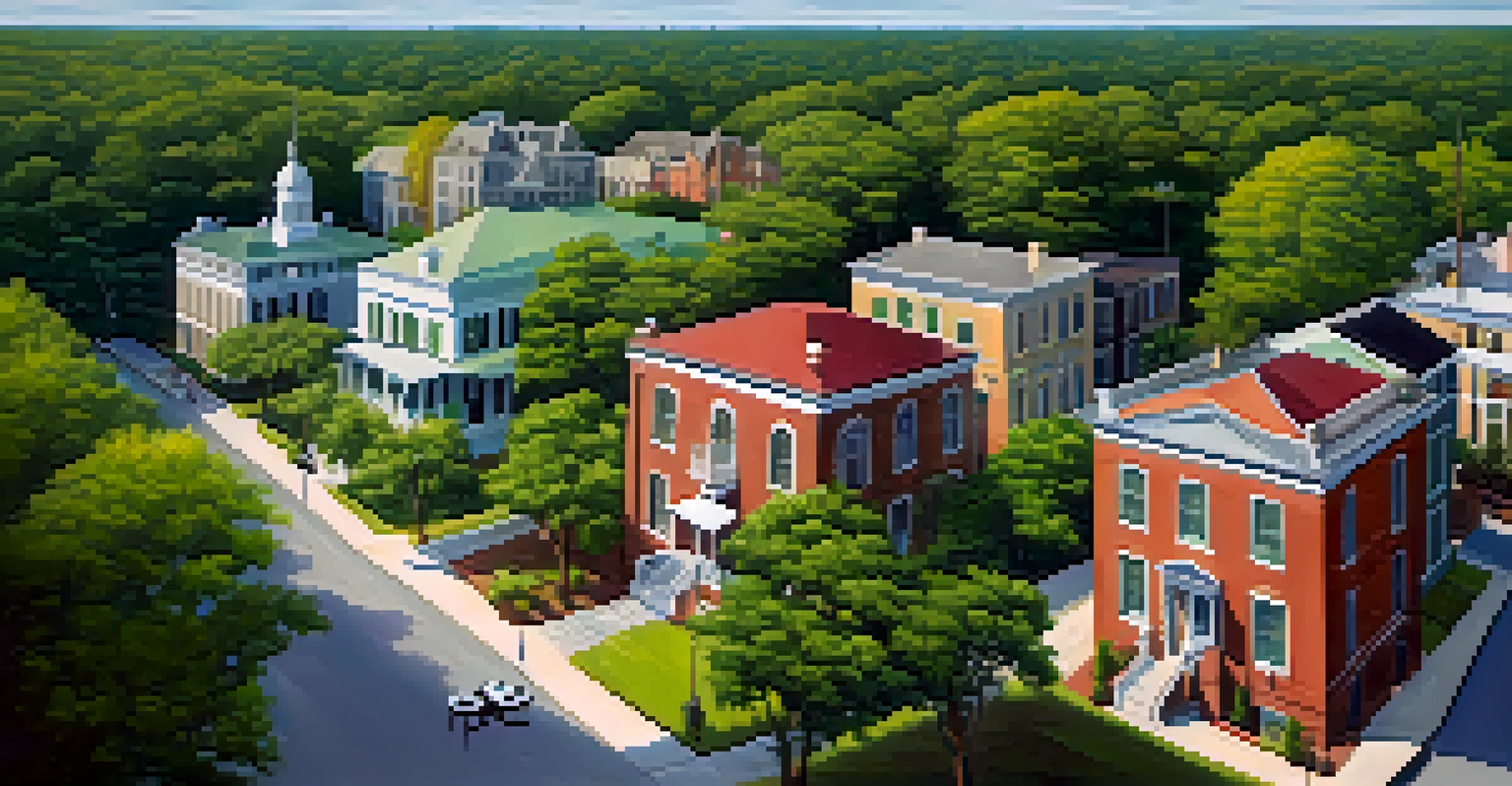 An aerial view of a restored historic district with antebellum architecture and greenery.