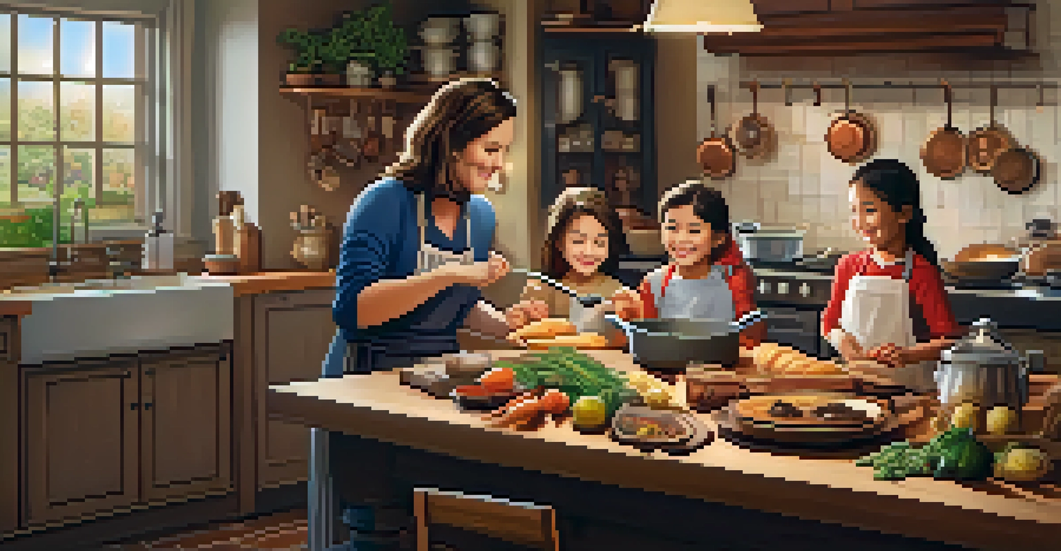 A family cooking together in a warm kitchen, smiling and engaging with each other while preparing food.