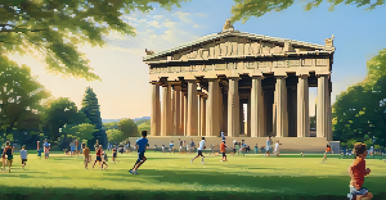 Centennial Park with people playing frisbee and jogging, featuring the Parthenon replica in the background during golden hour.