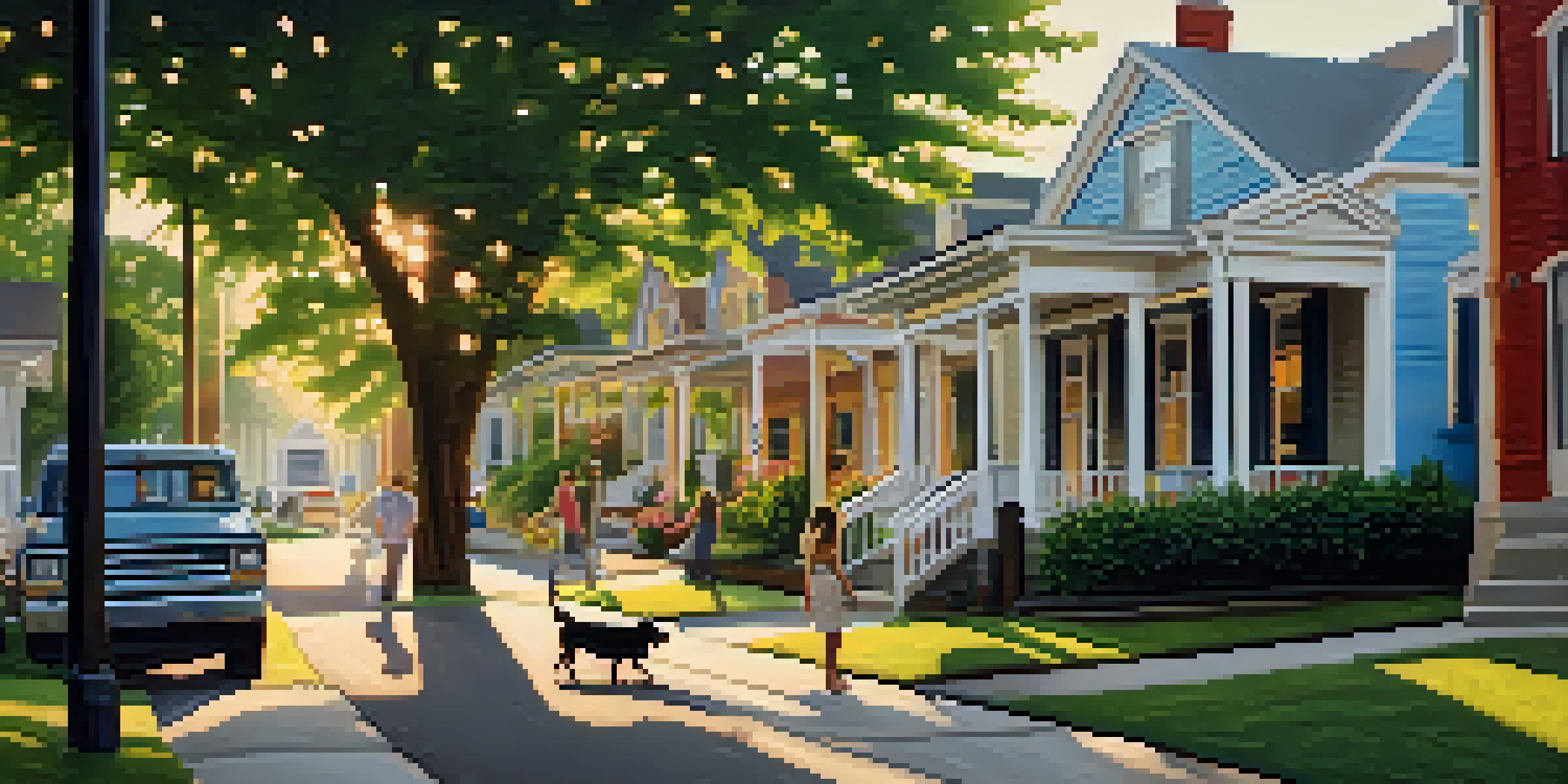 A friendly Nashville neighborhood with colorful houses and people enjoying the outdoor ambiance during sunset.