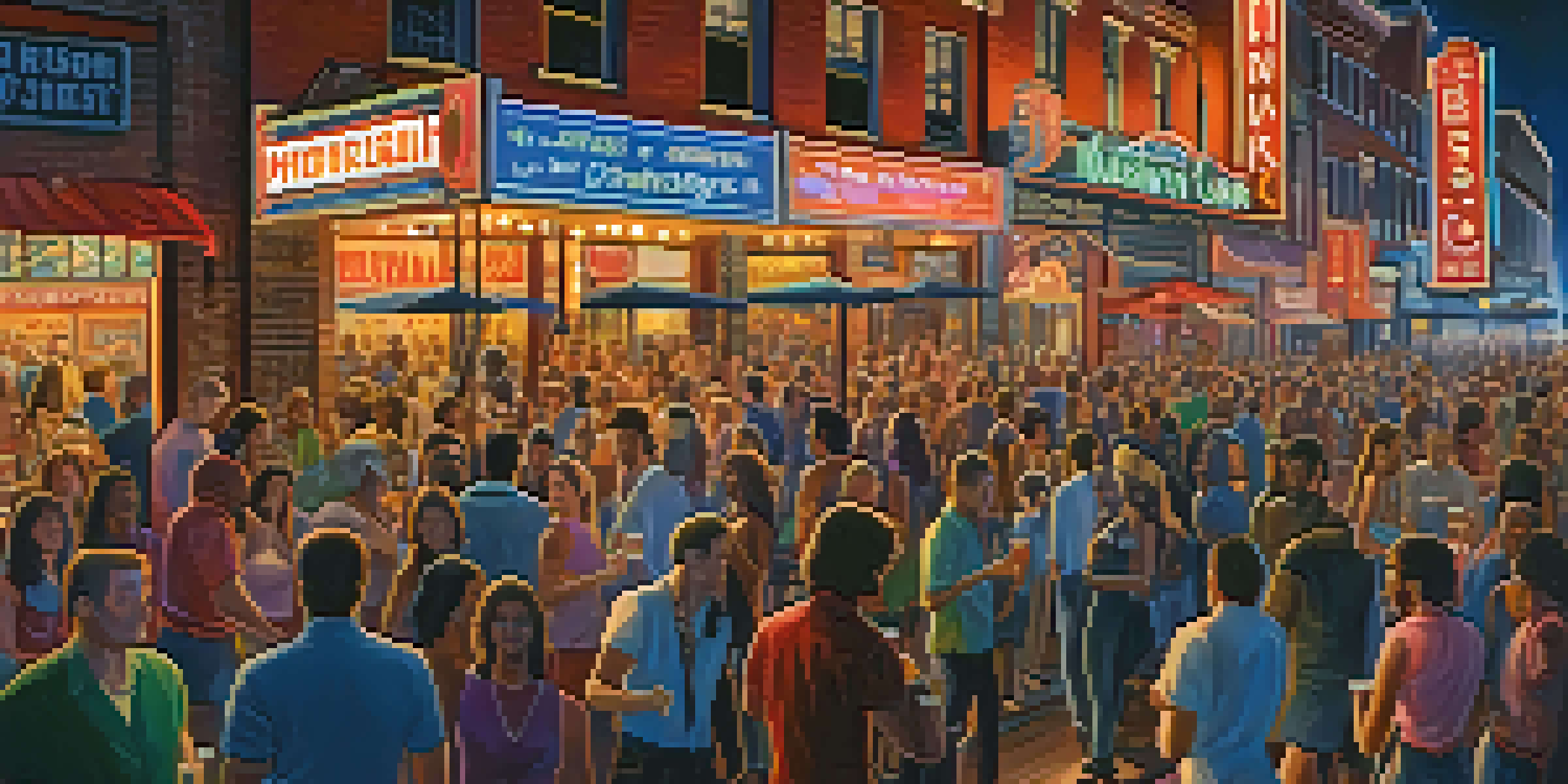 A lively nighttime scene of Nashville's Broadway, with neon-lit bars and a crowd enjoying live music under a starry sky.