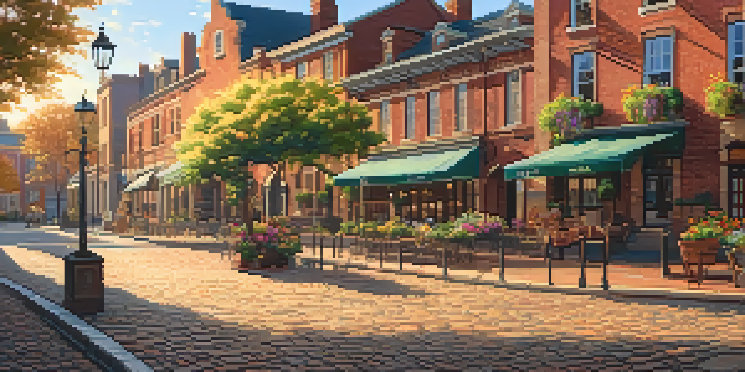 A historic town square with 19th-century buildings, warm sunlight, and cobblestone streets filled with flowers.