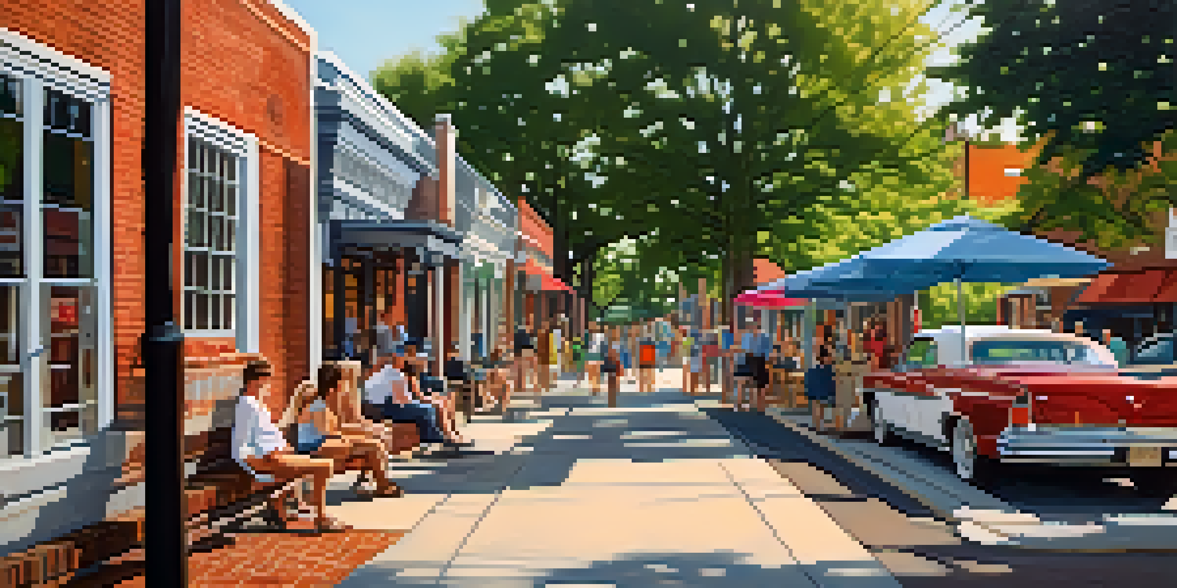 A lively street in East Nashville filled with colorful murals, cafes, and people enjoying the day.