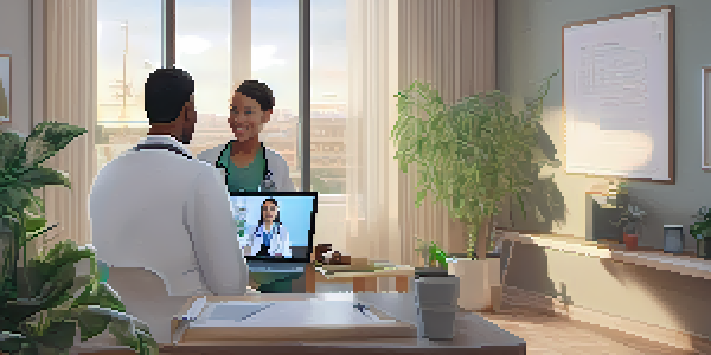 A doctor and a patient engaged in a video call for telemedicine, showcasing a modern office and a cozy home environment.