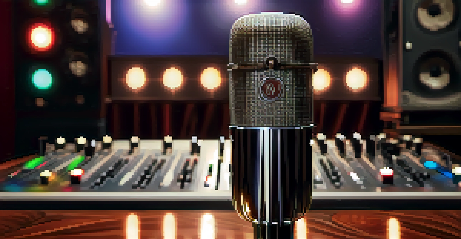 A close-up of a vintage microphone on a recording console, with sound mixing equipment and blurred musicians in the background.