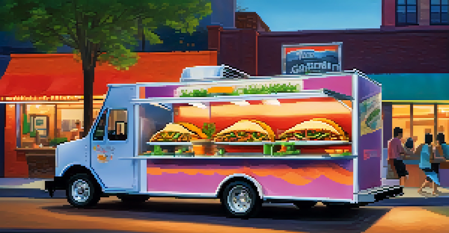A close-up of a Korean BBQ taco on a plate, with the food truck's colorful design visible in the background.