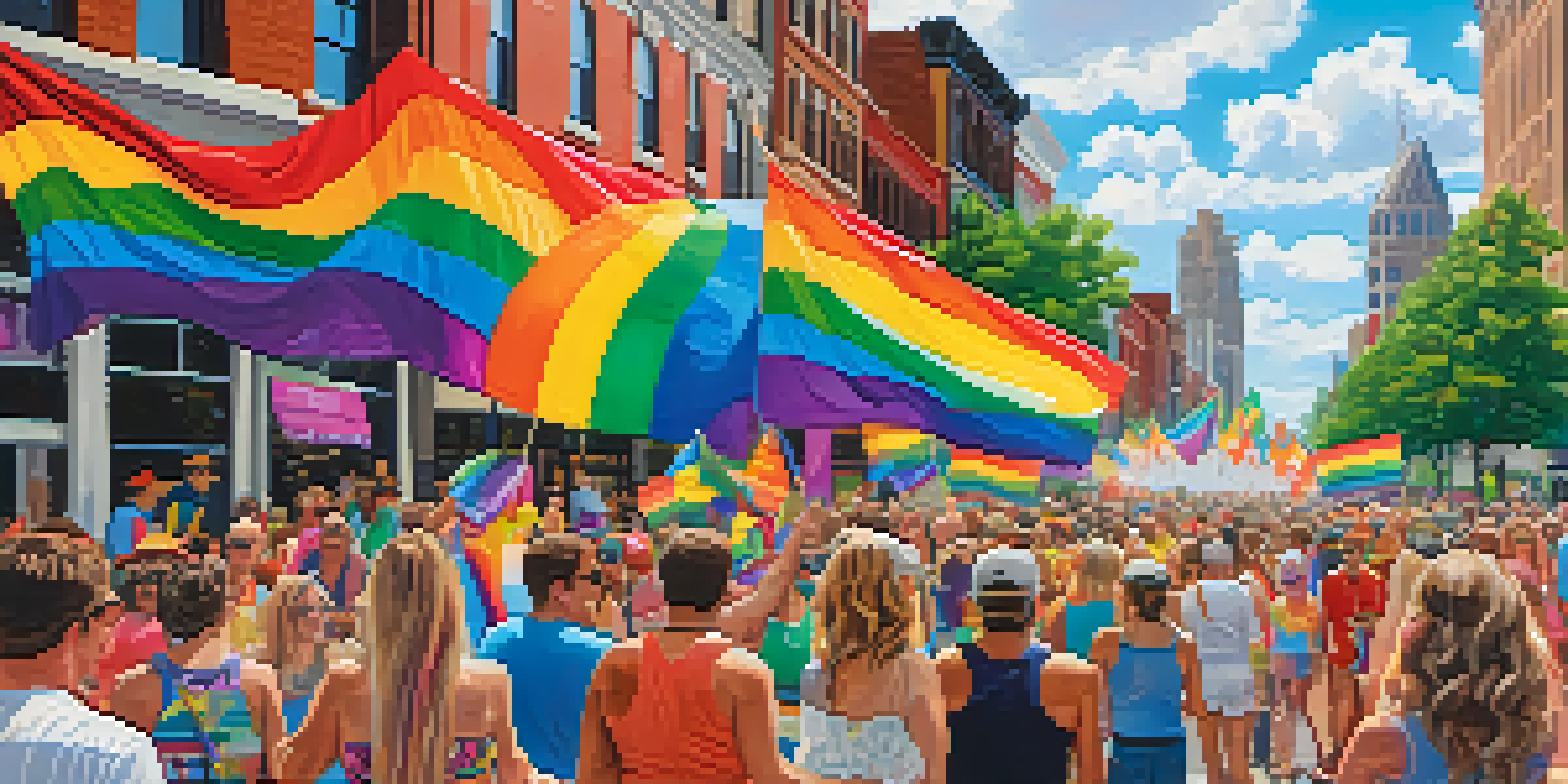 A lively street scene at the Nashville Pride Festival with colorful floats and participants in rainbow clothing, against the backdrop of Nashville's skyline.
