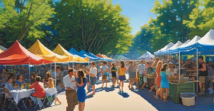 A lively outdoor festival in a park with colorful tents, people enjoying music, and families playing games under trees.