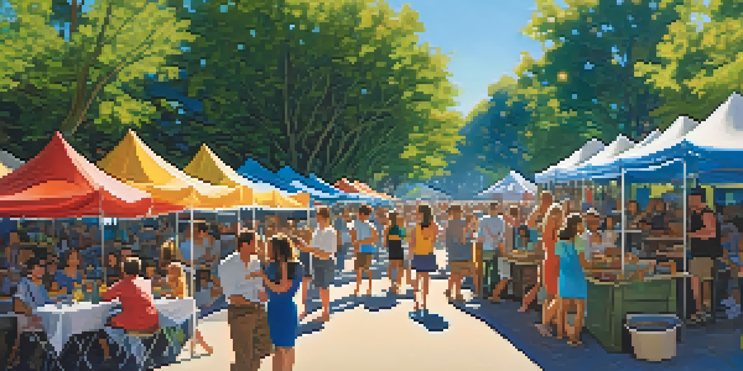 A lively outdoor festival in a park with colorful tents, people enjoying music, and families playing games under trees.