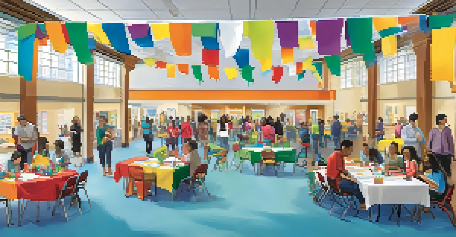 A community center filled with families and representatives at a scholarship fair, with colorful banners and tables.