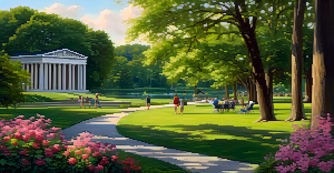 A picturesque scene of Centennial Park in Nashville, showcasing gardens, a lake, and the Parthenon replica under warm sunlight.