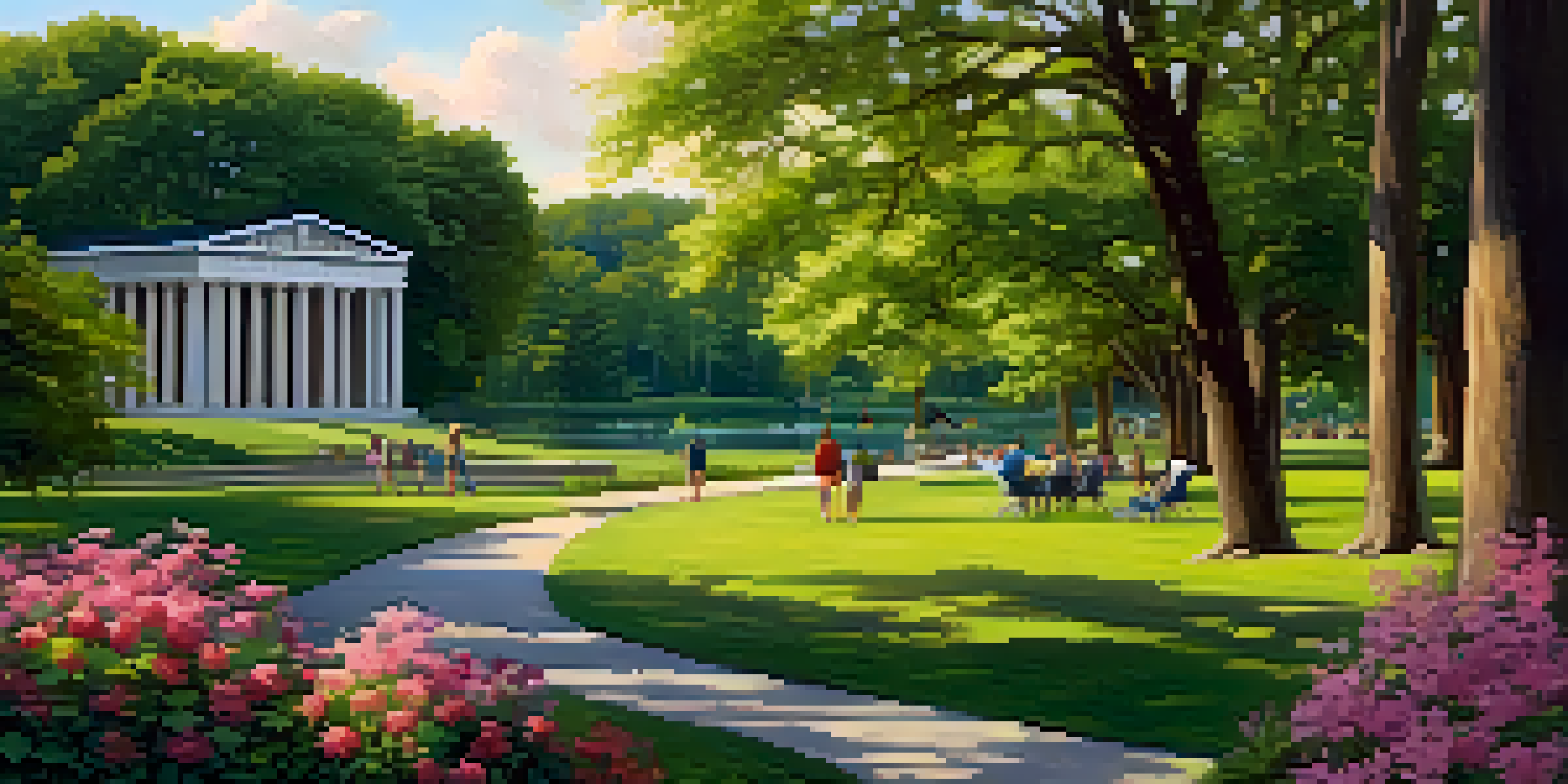 A picturesque scene of Centennial Park in Nashville, showcasing gardens, a lake, and the Parthenon replica under warm sunlight.