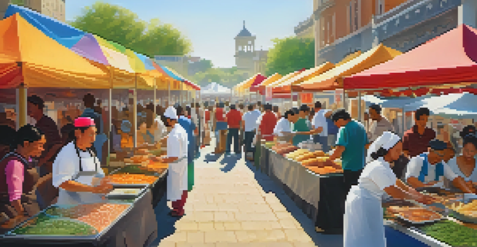 A lively food festival with colorful stalls and diverse attendees enjoying various culinary dishes under the sun.