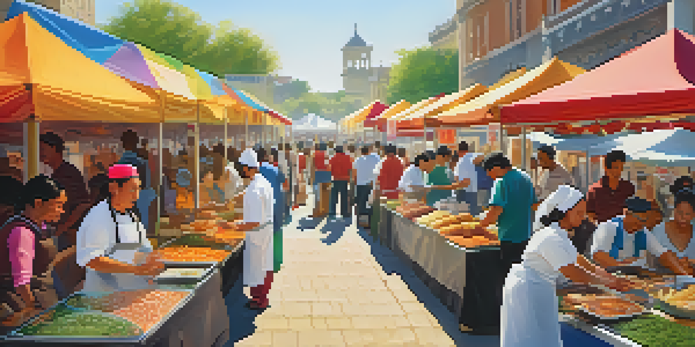 A lively food festival with colorful stalls and diverse attendees enjoying various culinary dishes under the sun.