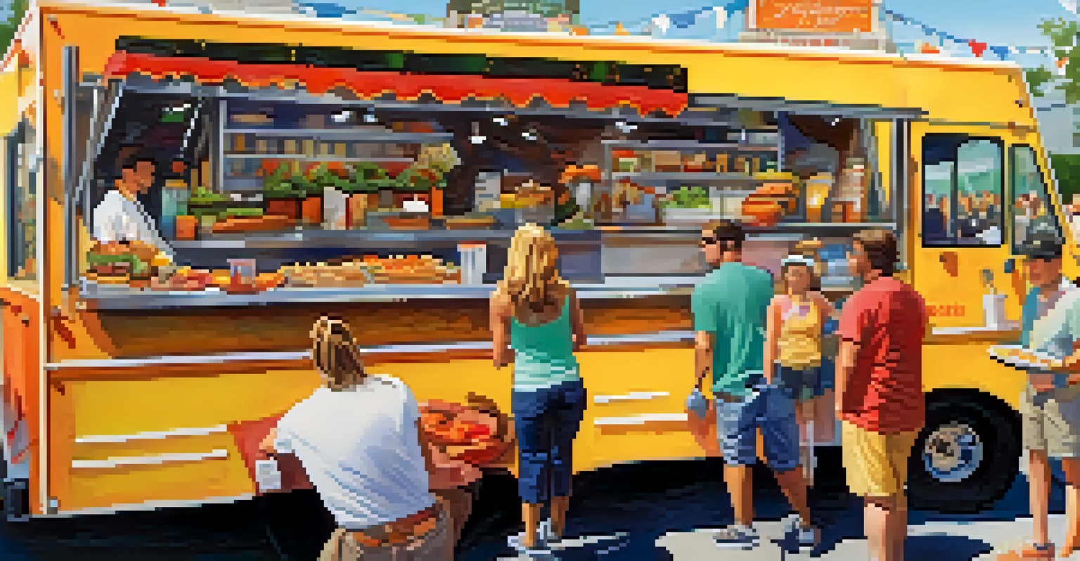 A food truck offering gourmet dishes at an outdoor festival, with people sampling food and a lively atmosphere.