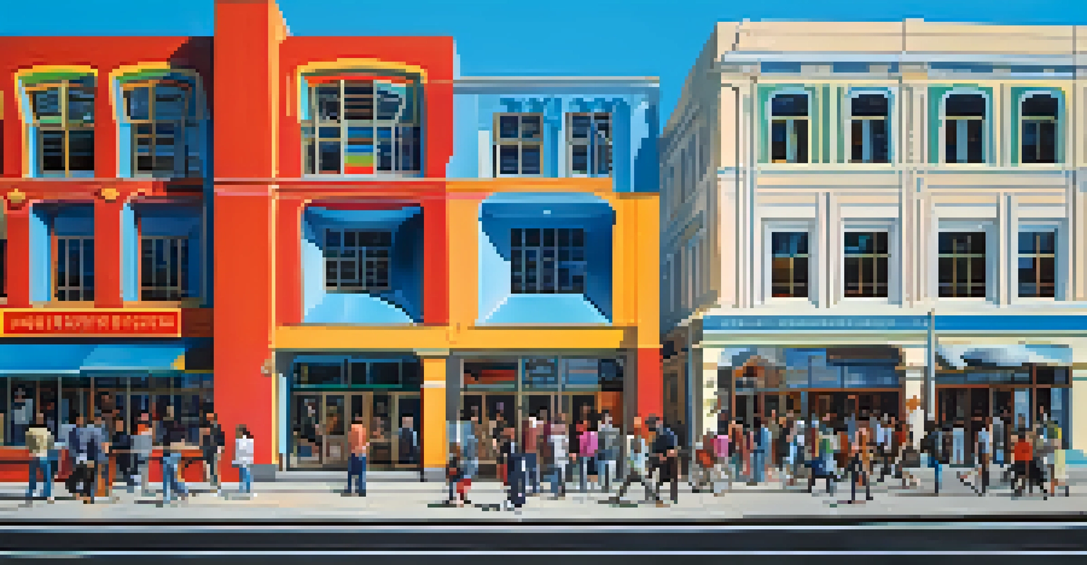 A colorful postmodern cultural center with playful designs, surrounded by people in a lively urban setting.
