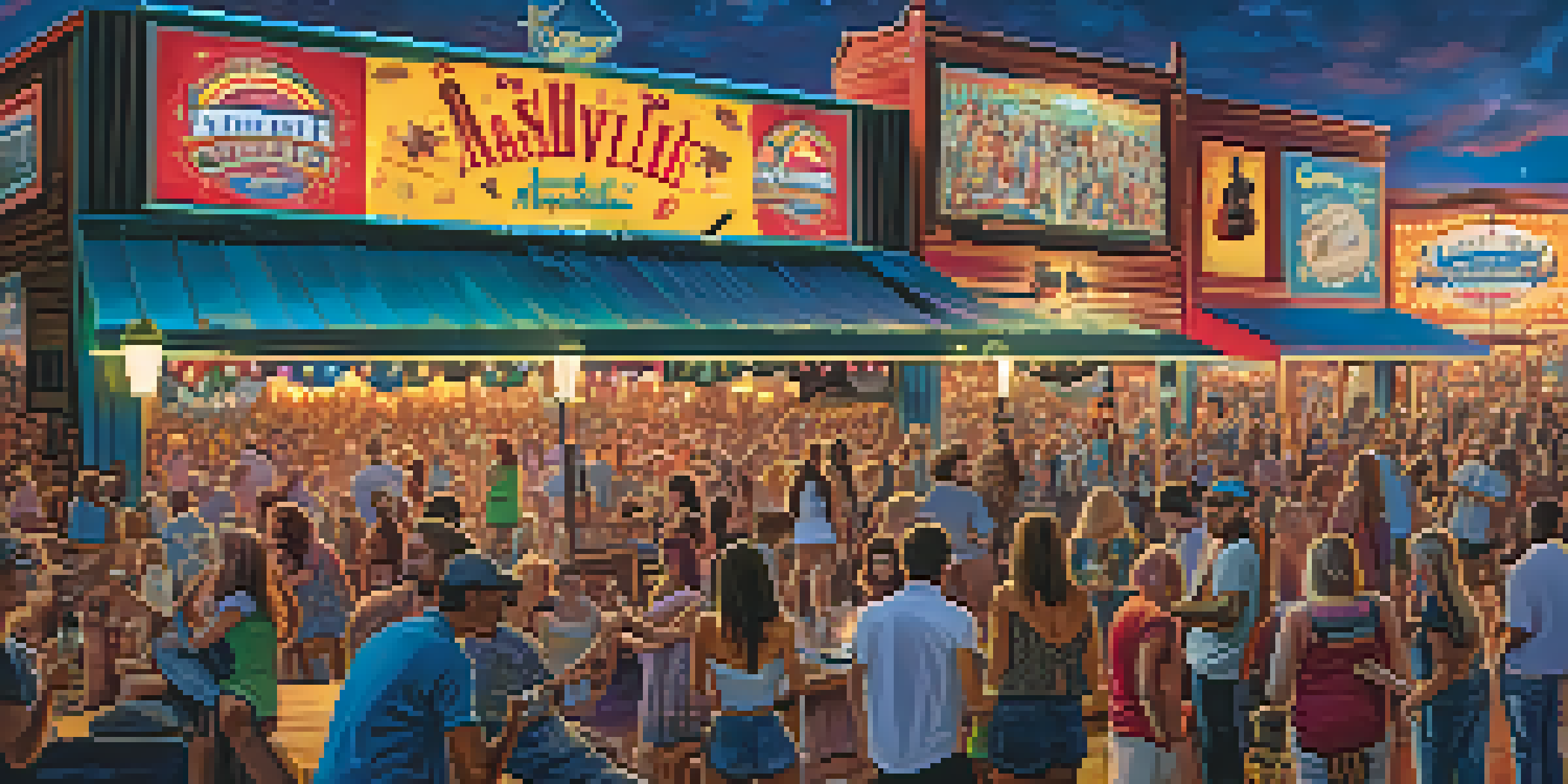 A lively crowd at the CMA Fest in Nashville, enjoying live country music with a vibrant stage and colorful lights.