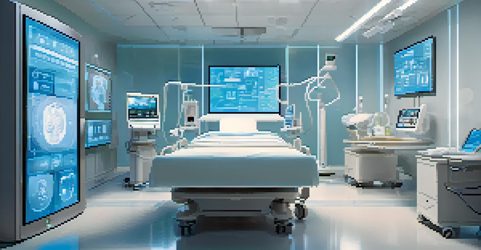 A high-tech hospital room with IoT devices monitoring a patient, featuring futuristic design elements and soft lighting.