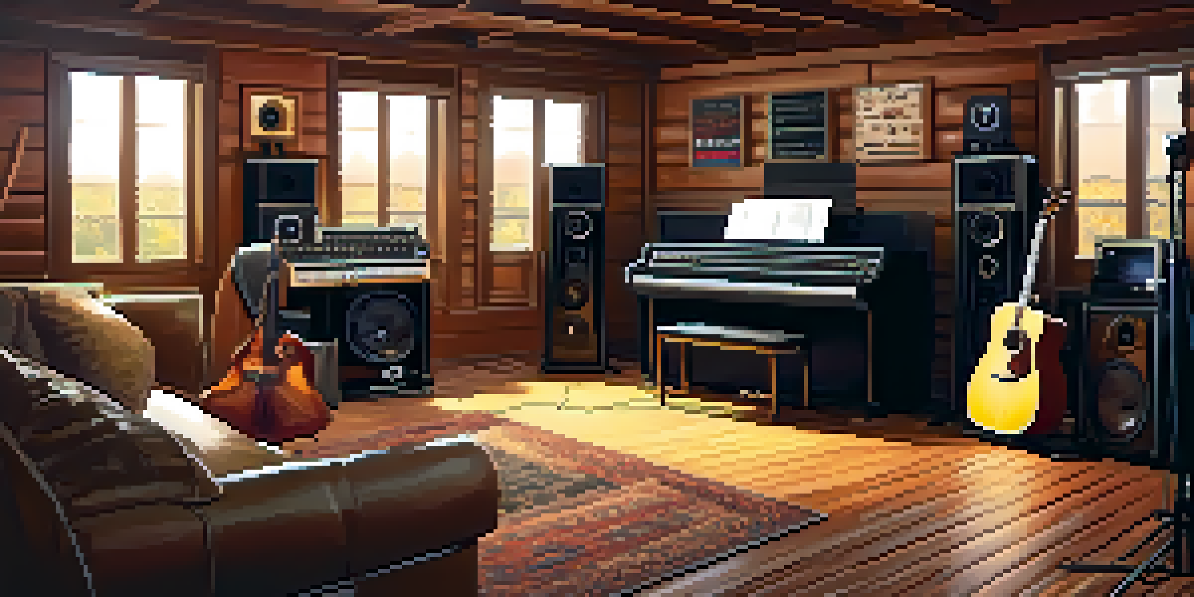 A warm and inviting recording studio in Nashville with vintage acoustic panels, modern equipment, and musical instruments.