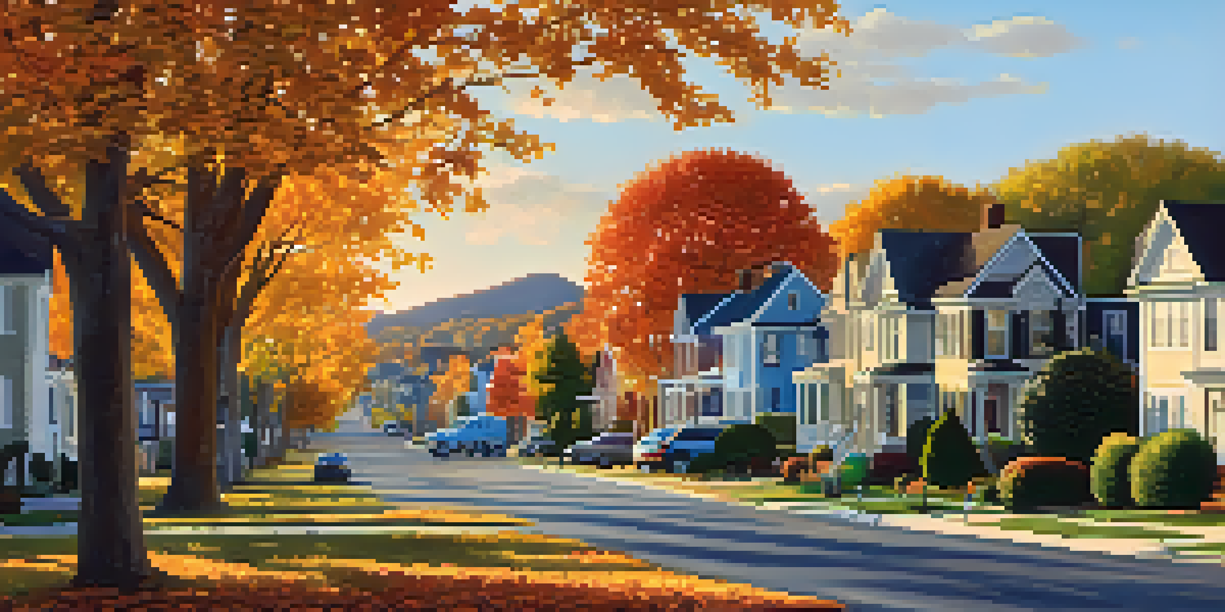 A cozy suburban neighborhood in Nashville with colorful autumn leaves, children playing in yards, and mountains in the background during sunset.
