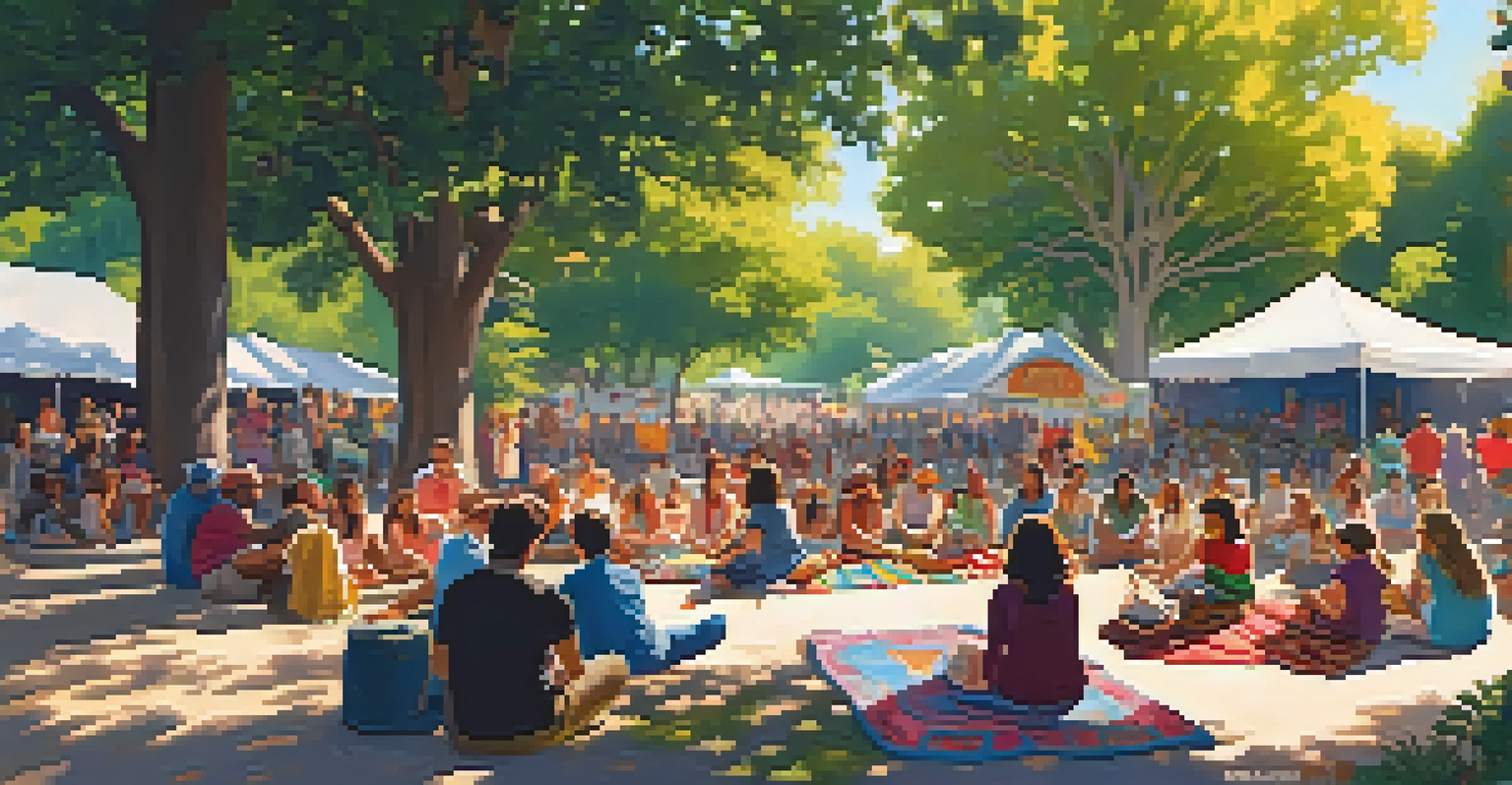 An outdoor storytelling festival in the South with people listening to storytellers under trees.