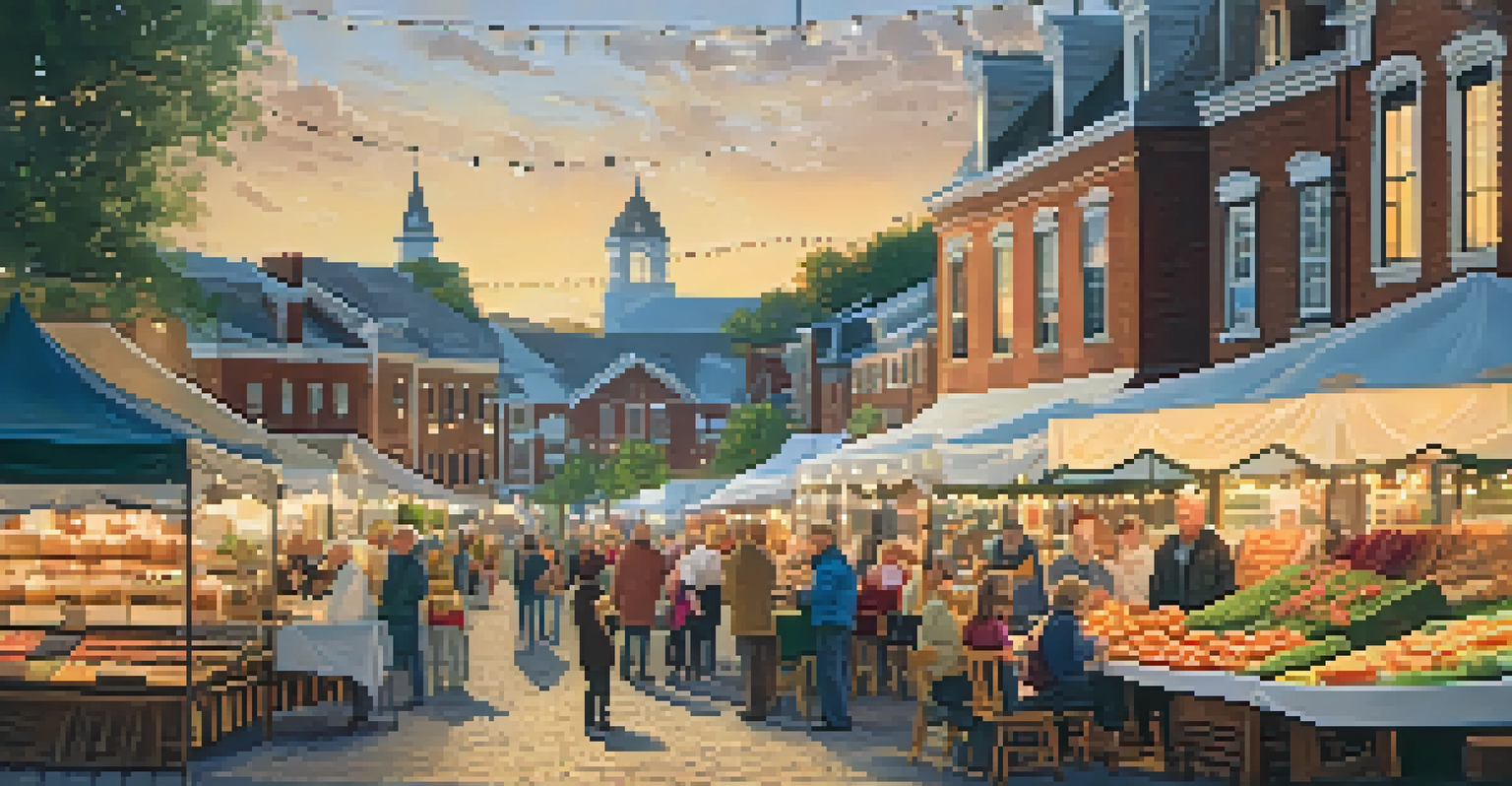 A vibrant community market in a historic town square, with vendors and engaged locals surrounded by old brick buildings and sunset light.