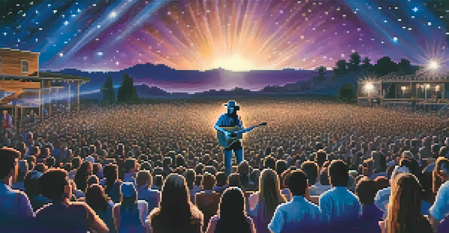 Willie Nelson performing under a starry night sky with his guitar, wearing a bandana and surrounded by an engaged audience.