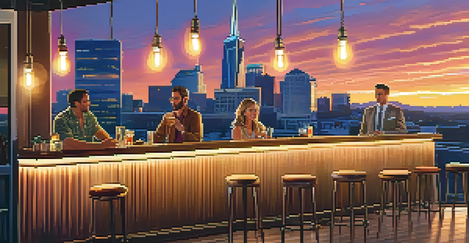 A rooftop bar in Nashville at dusk, with patrons enjoying cocktails and a stunning view of the city skyline bathed in warm sunset colors.