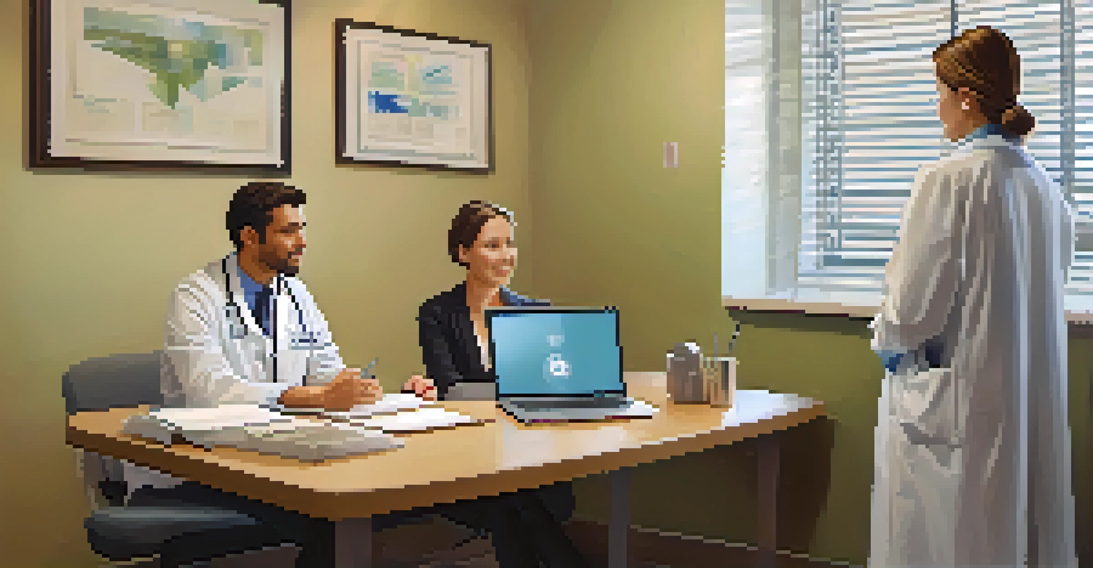 A healthcare provider attentively listening to a patient in a well-lit private consultation room with a desk and medical records.