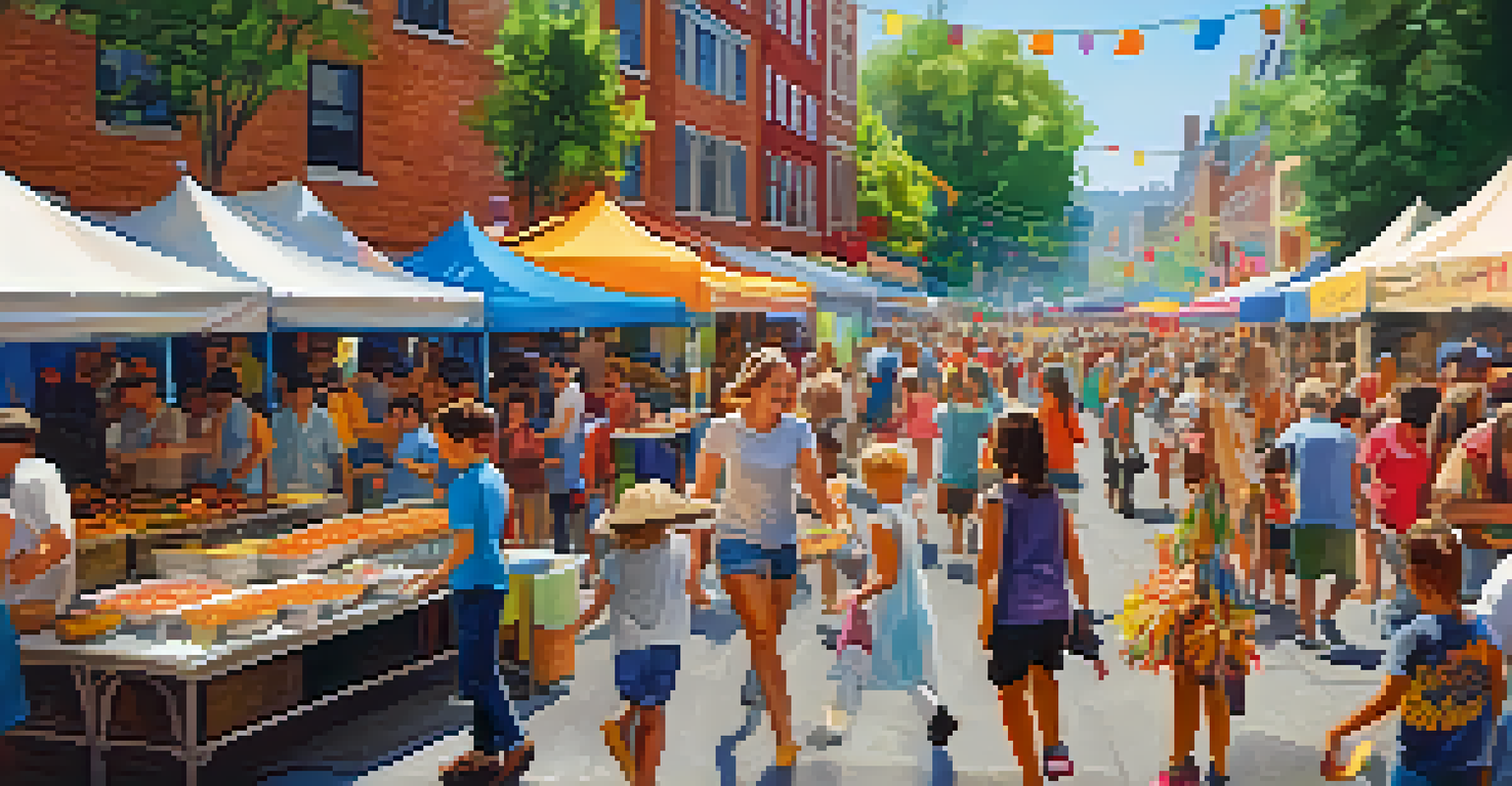 A vibrant summer street fair with food stalls, live music, and families enjoying the festivities.