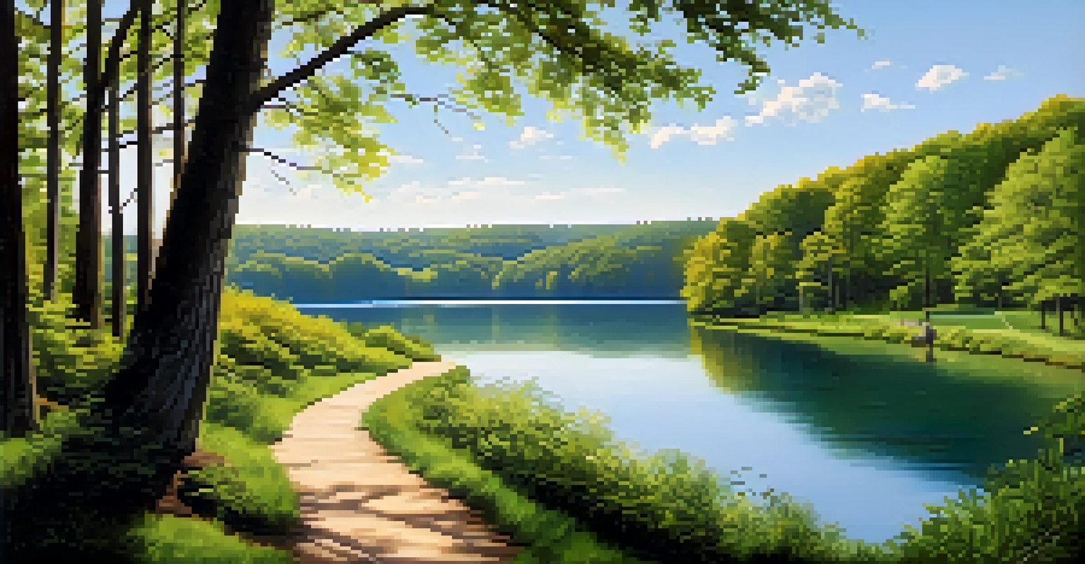Families hiking along a scenic trail at Radnor Lake State Park, with a tranquil lake and lush greenery.