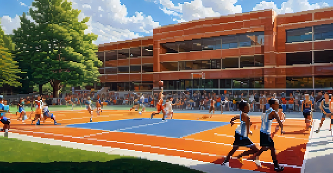 A busy sports facility at Vanderbilt University with athletes playing soccer and basketball under the sun, surrounded by greenery.