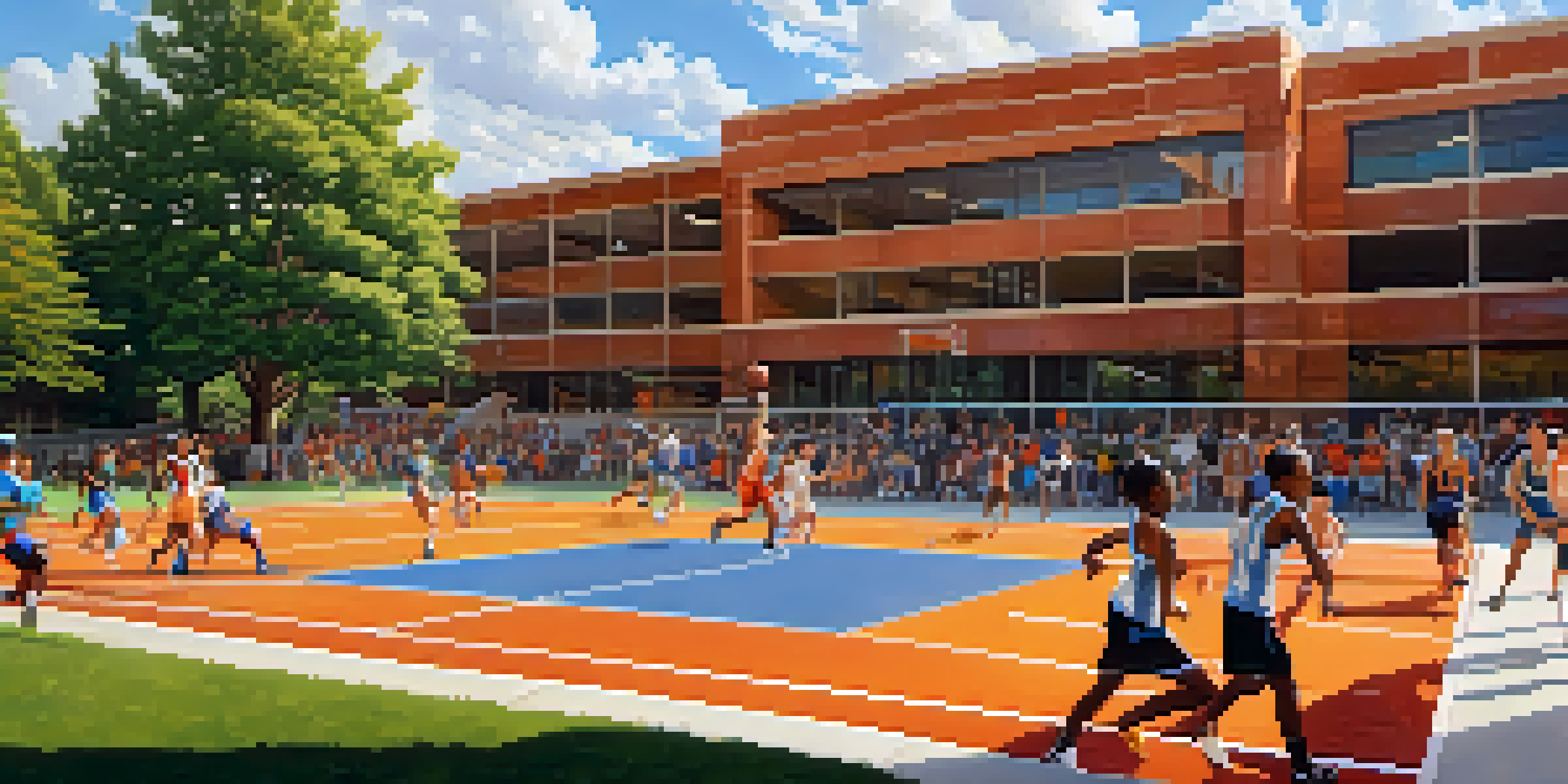 A busy sports facility at Vanderbilt University with athletes playing soccer and basketball under the sun, surrounded by greenery.